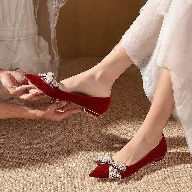 Thick Heel Wedding Shoes for Women in Winter 2025 New Chinese Style Red Bridal Shoes That Are Not Tiring for Pregnant Women to Wear High Heels