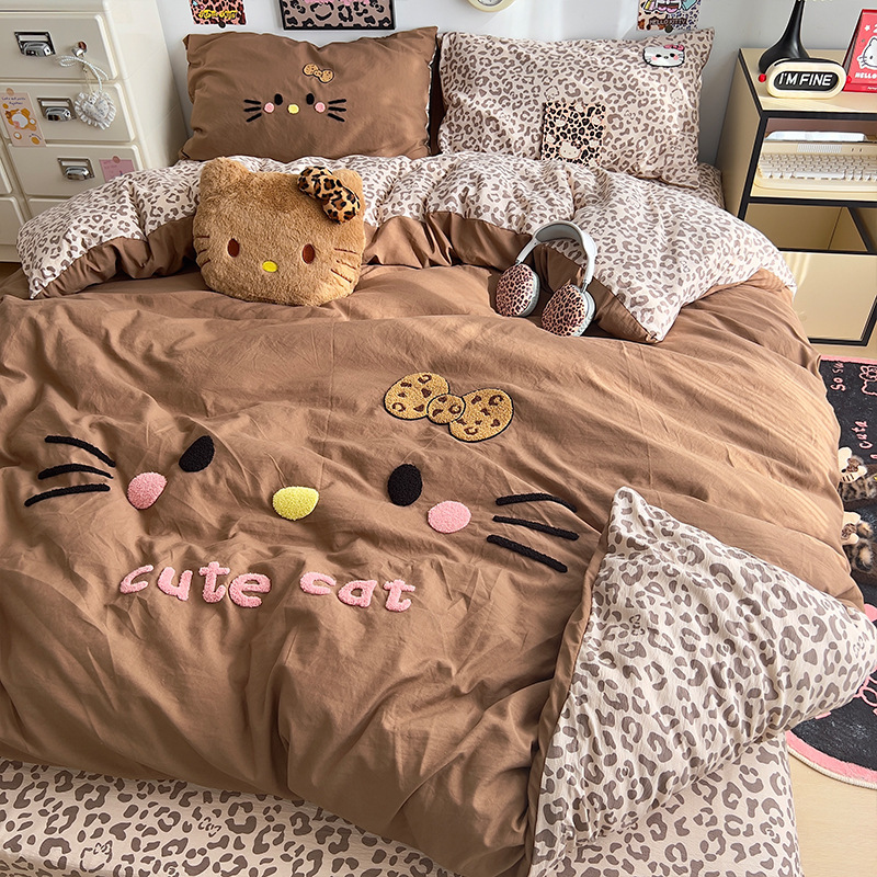 New Black Leather Cat Leopard Print Series Towel Embroidery Four-Piece Bedding Set, Internet Celebrity Hot-Selling Leopard Print Pure Cotton Bed Sheet New Black Leather Cat Leopard Print Series Towel Embroidery Four-Piece Bedding Set, Internet Celebrity Hot-Selling Leopard Print Pure Cotton Bed Sheet