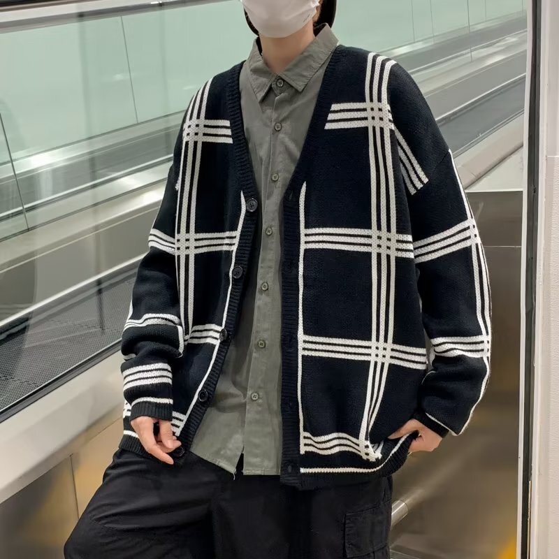 Black and White Plaid Knitwear Men's Lazy Style Loose Fashion Personality Sweater Cardigan Coat Color-matching Top Men's Wear