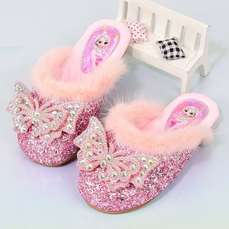 Girls' Furry Slippers Autumn and Winter New Cute Elsa Kidsren's Princess Warm Baby Frozen Home