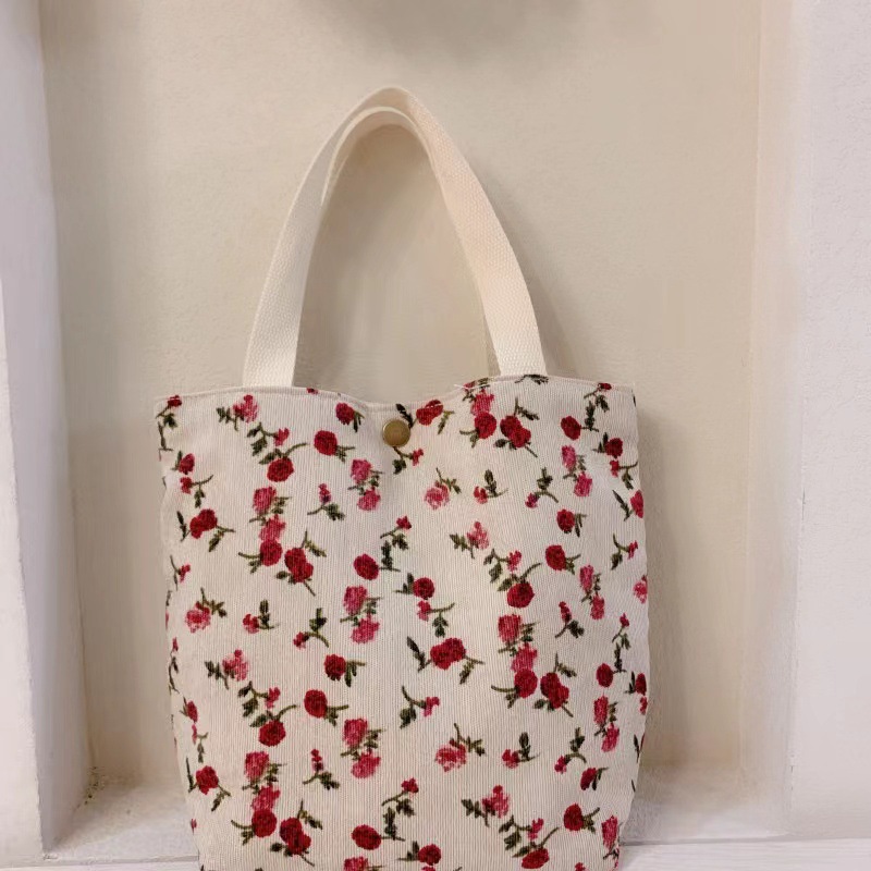 Floral Corduroy Embroidered Name Soft Handle Handbag 12