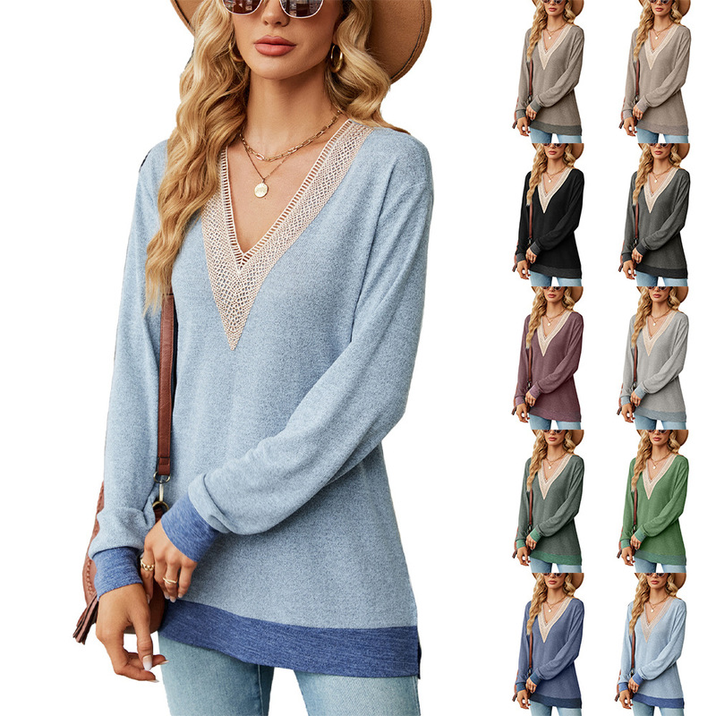 Amazon 2025 European and American Cross-Border Export Autumn and Winter Lace V Neck Contrasting Slit Loose Long-Sleeved T-Shirt Tops for Women