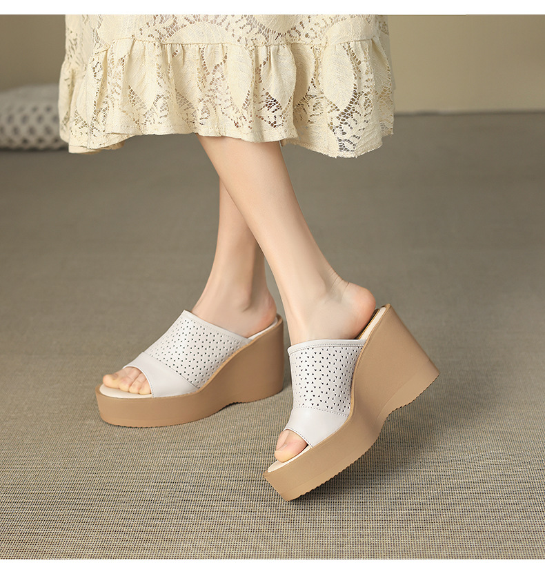 Dép sandal nữ quai chữ V đế xuồng cao gót 9 cm, phối váy dạo phố — màu trắng ngà, màu mơ chi tiết 13