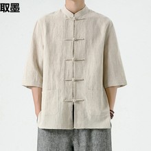 中国风男装亚麻衬衫中式唐装棉麻男士七分袖衬衣夏季复古立领上衣