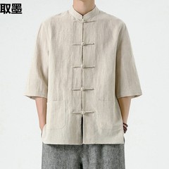 中国風メンズリネンシャツ中国風唐服綿麻メンズ七分袖シャツ夏レトロ立襟上着