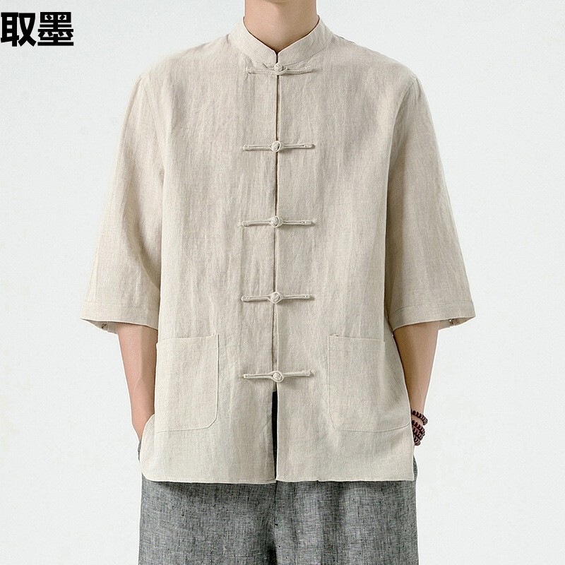 Chinese Style Men's Linen Shirt Chinese Tang Cotton Linen Men's Seven-Sleeve Shirt Summer Vintage Collar Top