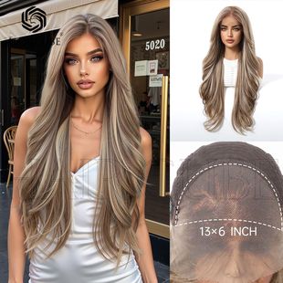 13X6 Inch Large Area European and American Cross-Border Front Lace Wig Headgear with Highlighted Middle Parted Big Wavy Long Curly Hair Headgear