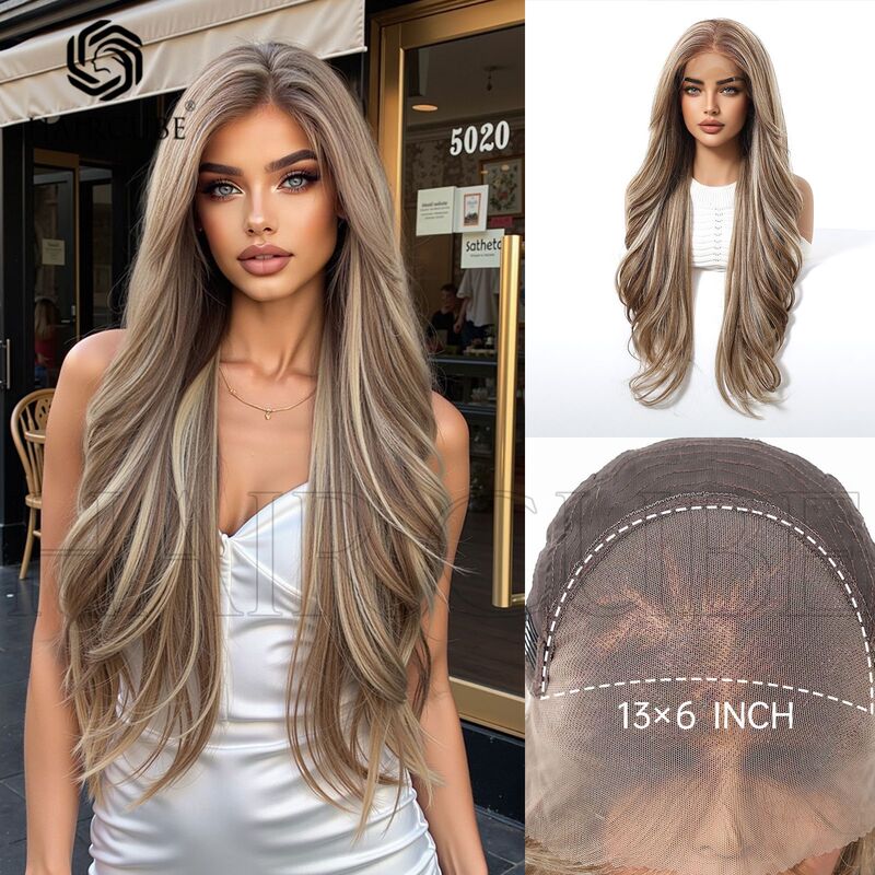 13X6 Inch Large Area European and American Cross-Border Front Lace Wig Headgear with Highlighted Middle Parted Big Wavy Long Curly Hair Headgear