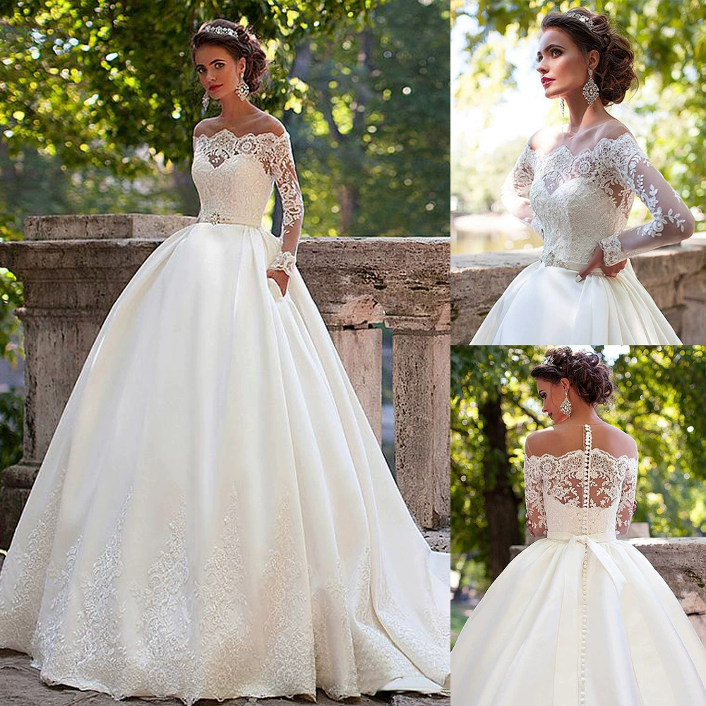 Capacious long-sleeve for bride, European style, open shoulders, fitted, plus size