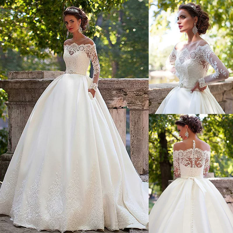 Capacious long-sleeve for bride, European style, open shoulders, fitted, plus size