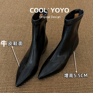 牛皮版~尖头弹力瘦瘦短靴女2026新款增高时尚后拉链坡跟小踝女靴