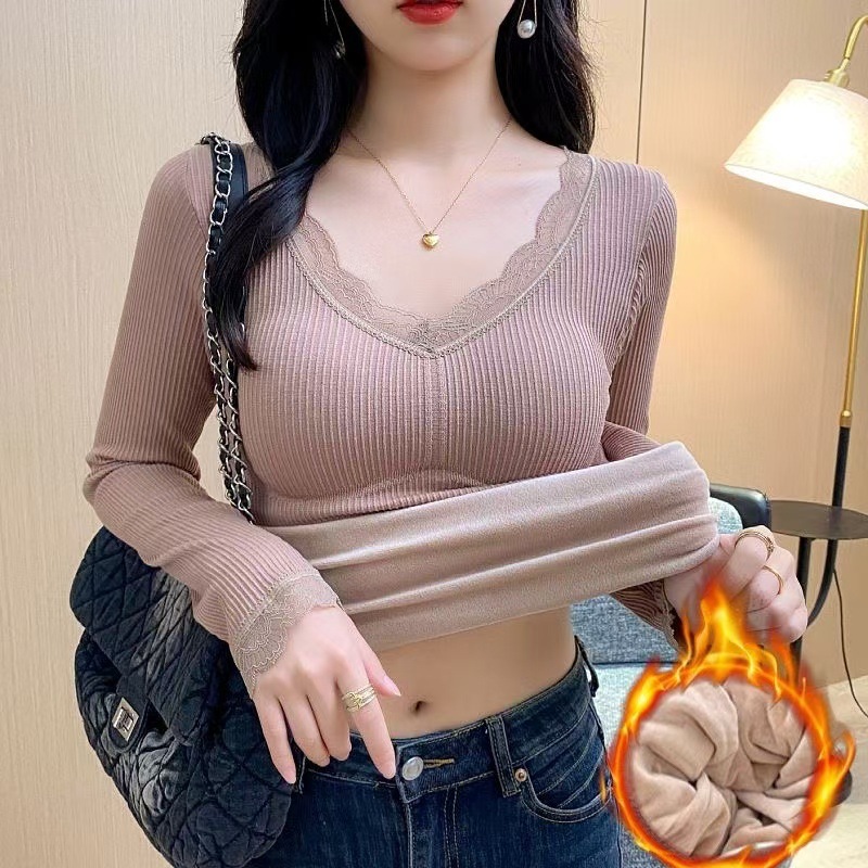 겨울철 여성을 위한 따뜻한 상의, 도톰한 벨벳, 패딩 칼라, 가을 코트, 긴팔 밑단 셔츠, 발열 이너복