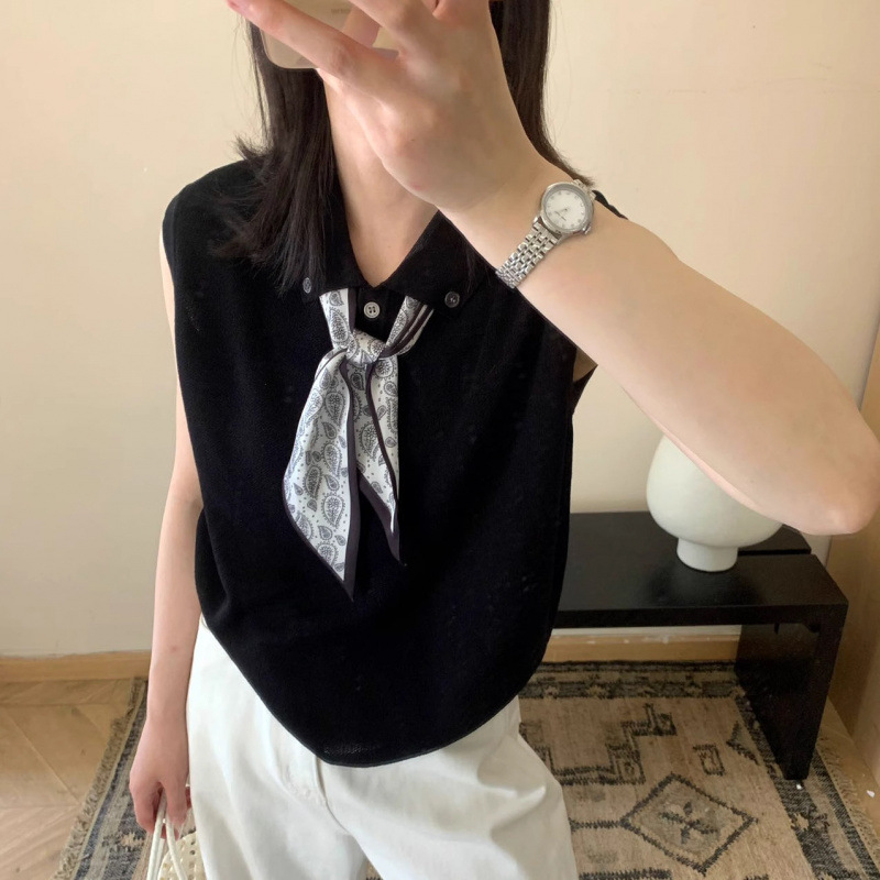 2025夏季新款韩版气质小翻领纽扣配丝巾薄款无袖针织衫上衣女T恤|undefined
