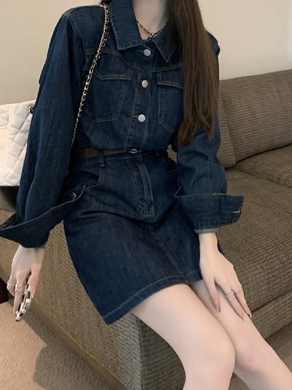 设计感复古翻领牛仔裙女秋季大码胖mm高腰显瘦长袖衬衫连衣裙潮|undefined
