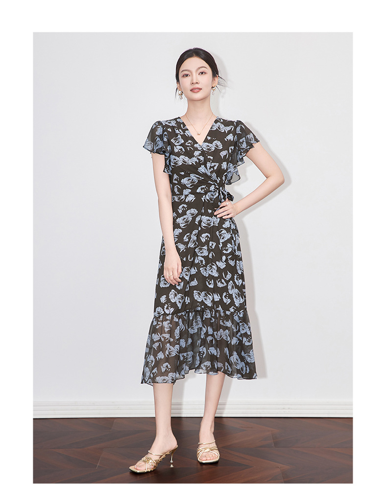 Váy maxi nữ cổ chữ V in hoa thắt eo phong cách cổ điển Pháp — Hoa xanh lam chi tiết 7