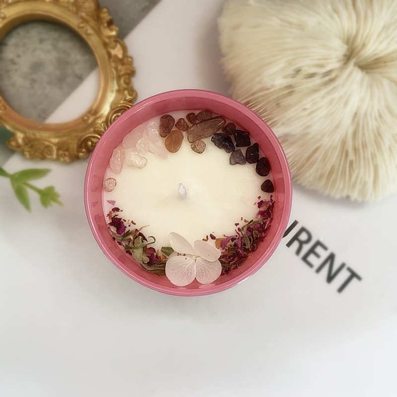 Cristal de piedra seca flor forma aromaterapia vela de soja cera ceremonia de la boda colorida vela taza caja de regalo con regalo de mano