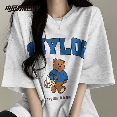 アニメ半袖tシャツ夏ゆるいベアープリント丸首半袖ins香港風ヒップホップ潮牌半袖服