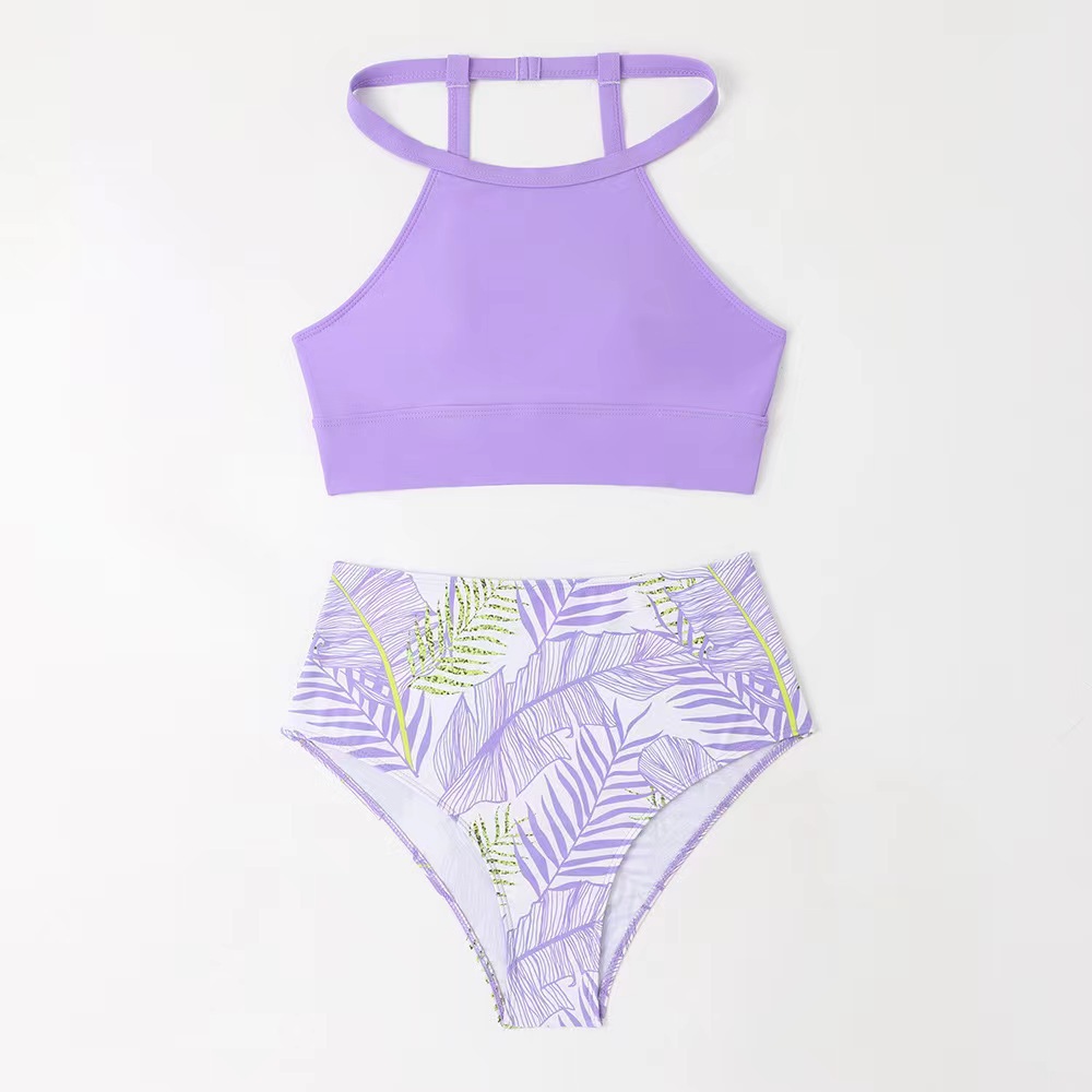 Women's Sexy High-Waisted Two-Piece Bikini Swimsuit High Neck Tie-Detail Abstract Print Polyester Nylon Regular Fit For Spring/Summer_ecoleips.com