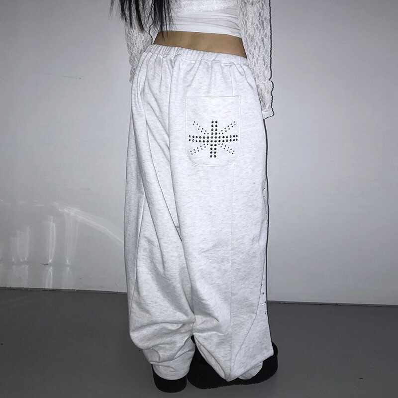 Y2K style women's light gray rhinestone wide-leg sweatpants with elastic waist, loose and draping, versatile casual pants for street dance