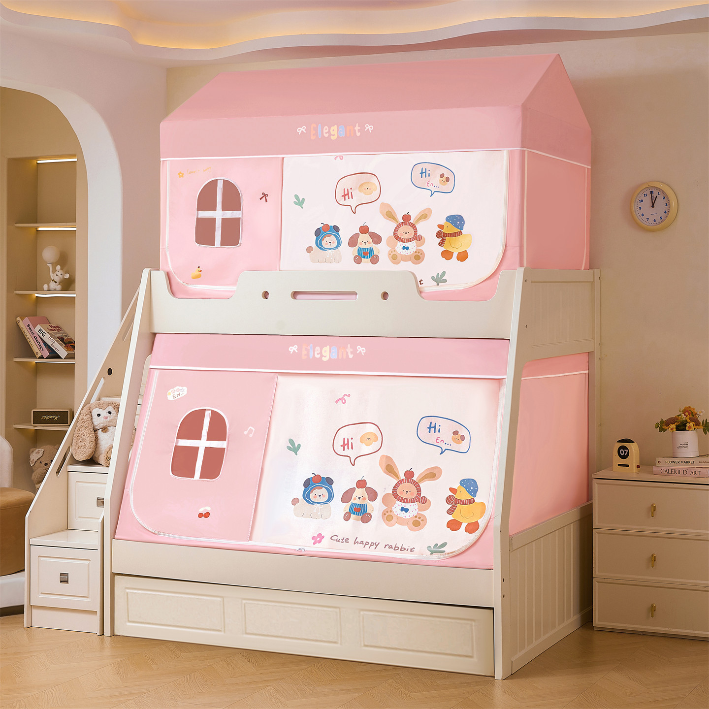 Cama de tipo A con ventanas de dibujos animados para niños y niñas, cama de mosquiteros reforzada para evitar la caída de la cama cortina de cama para niños y niñas