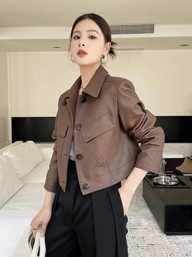 Spring and Autumn New Style Genuine Leather Lychee Pattern Sheepskin Leather Jacket Women's Short Casual Motorcycle Jacket