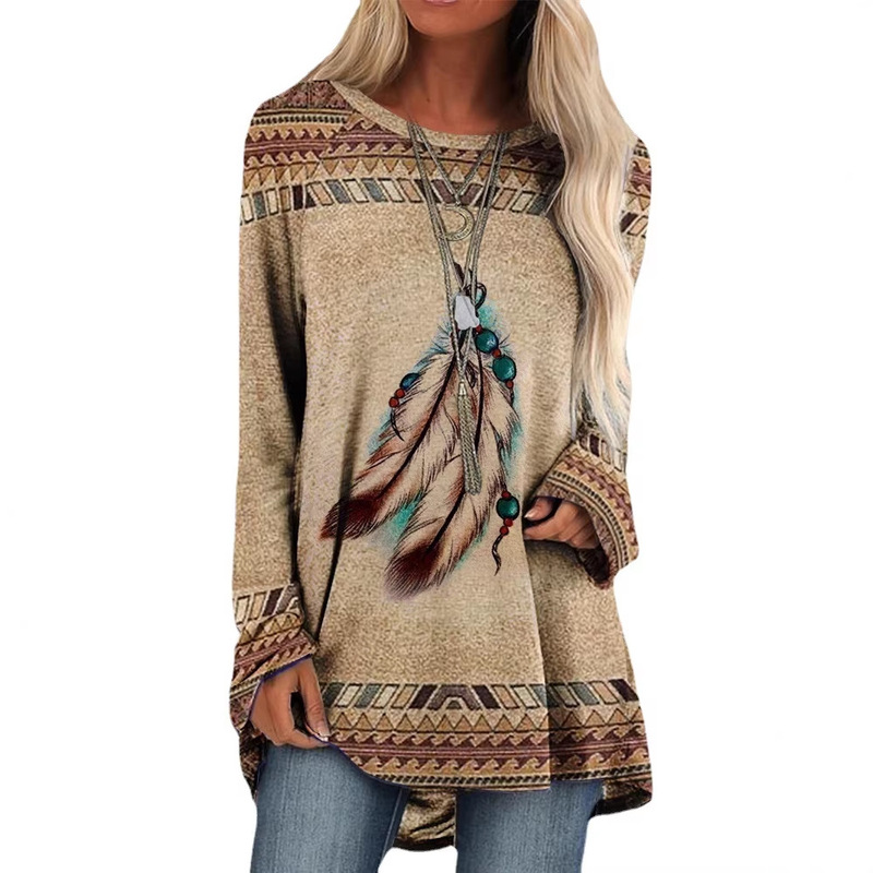Amazon AliExpress Bohemian ethnic style long sleeve trendy round neck dog claw printed loose top T-shirt for women