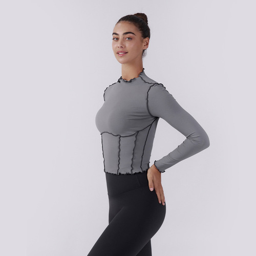 Cross-border fitness clothing long-sleeved women's running quick-drying fungus sports jacket professional Pilates lace yoga top