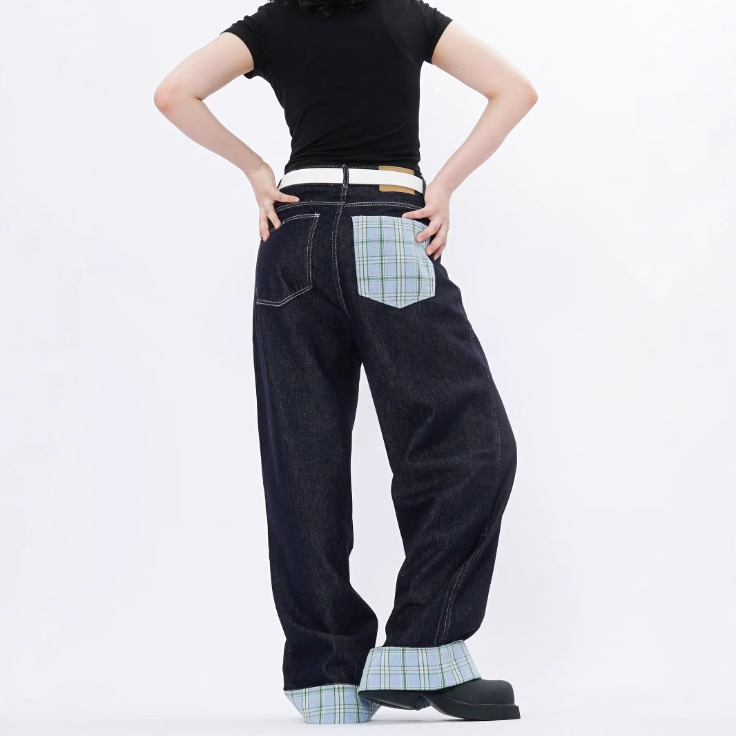 American Style Straight-Leg Rolled Hem Jeans Men Women, Spring And Autumn New Loose Patchwork Plaid Blue Pants For Men,_mkmklike.com