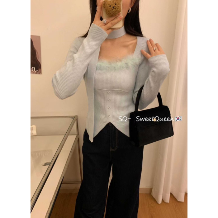 純欲の毛のつなぎ合わせの方襟のニットの女性の秋の新型の修身の小さい大衆のギャルの中でショートタイプの底の上着を掛けます。