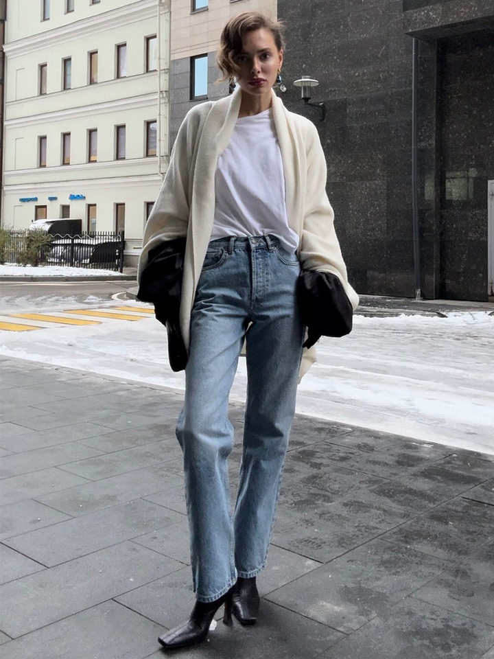 Quần jeans nữ ống đứng lưng cao phong cách thanh lịch, chất cotton nguyên chất ôm dáng — màu xanh