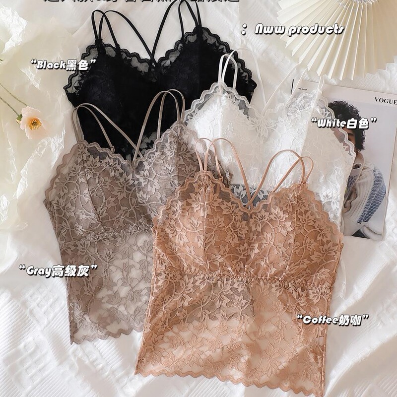 New lace beauty back camisole underwear women's chest pad wear-free bra back slit all-match bottoming vest