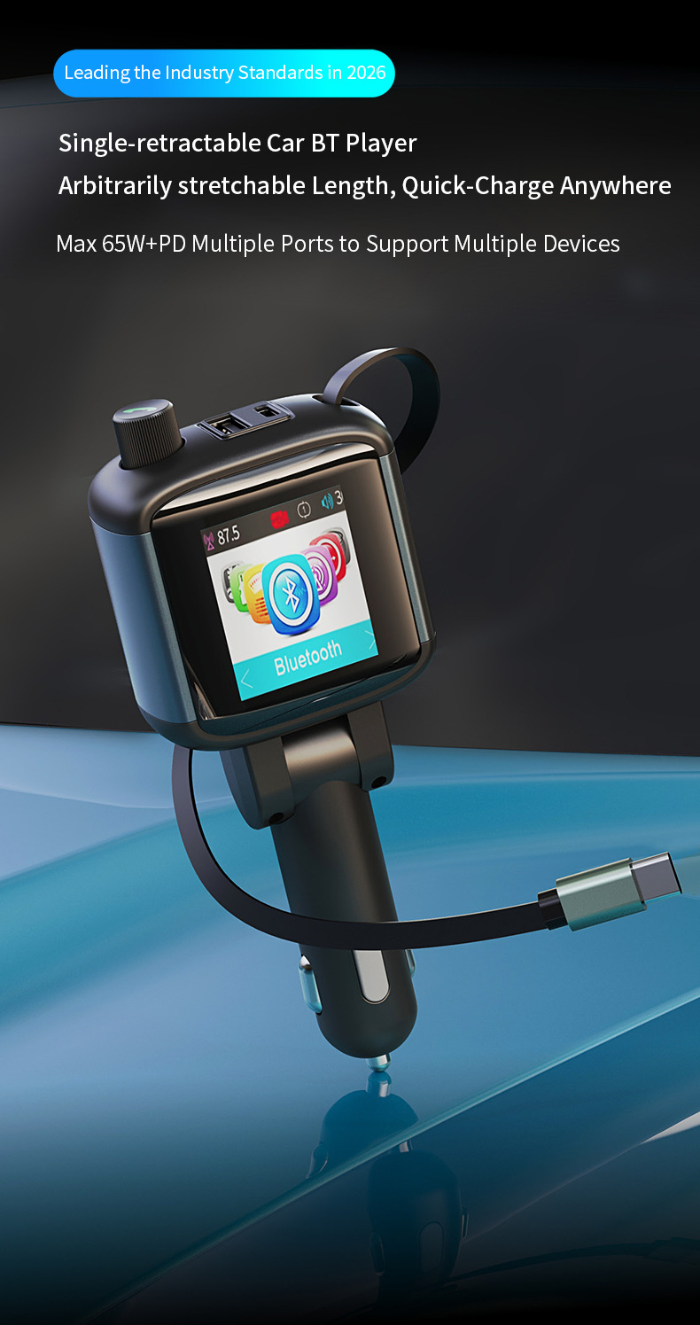 Car-mounted color display screen Bluetooth FM transmitter hands-free calling PD65W fast charging charger MP3 player