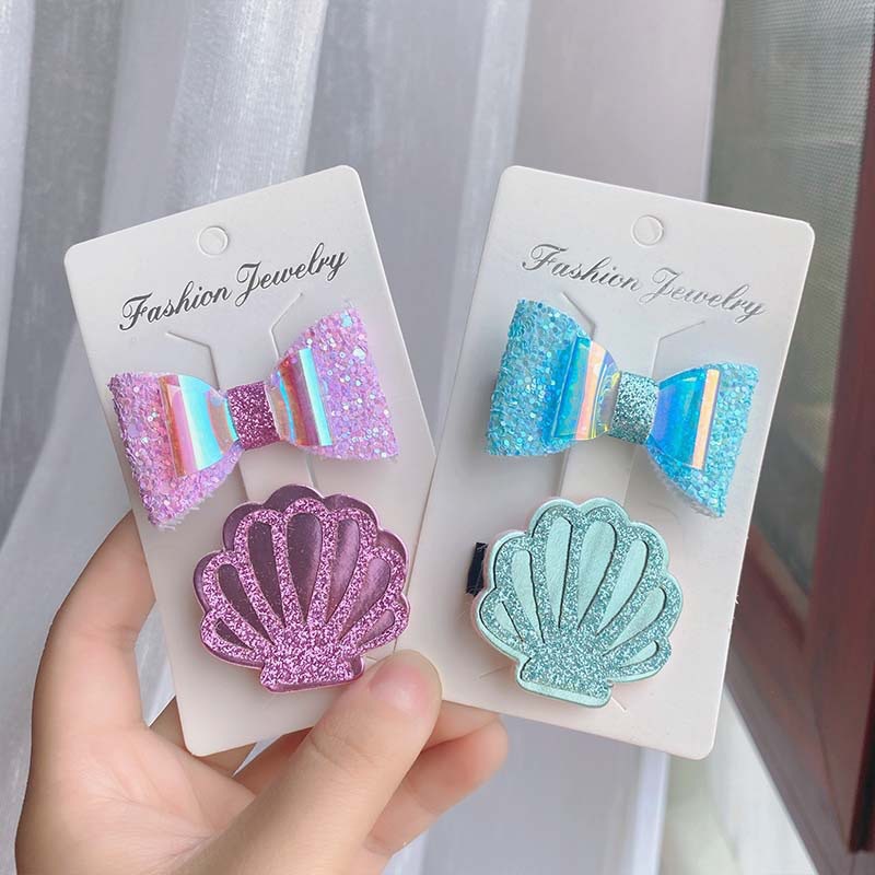 50g Weight Hair Clip Hair Accessories Type 2 Pieces Set Quantity Holiday Occasion Bow Knot, Shell Pattern Kid'S Gender Vacation Style Kid's Vacation Bow Knot Shell Cloth Hair Clip 12