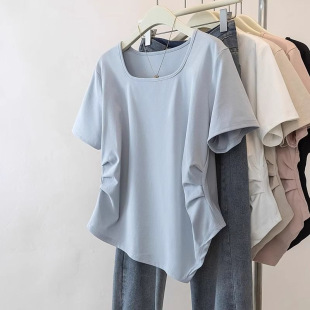 chubby girl Summer Loose Irregular Short-sleeved T-shirt 2025 New Tight Waist Belly Covering Shoulder Solid Color Top for Women