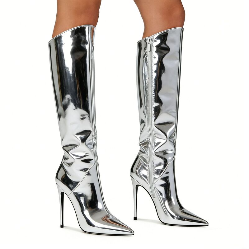 European and American Foreign Trade Cross-Border New Style Pointed Toe Stiletto High Heels 12cm Sky-High Fashion Patent Leather Silver Large Size Women's Mid-Calf Boots