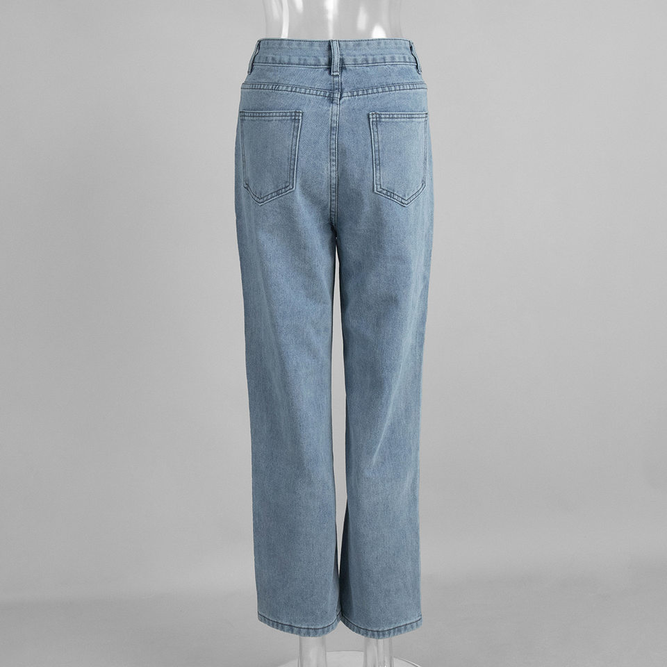 Quần jeans nữ ống đứng lưng cao phong cách thanh lịch, chất cotton nguyên chất ôm dáng — màu xanh chi tiết 5