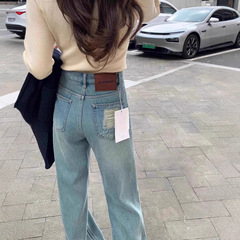 浅蓝色阔腿牛仔裤女春秋季2025年新款高腰宽松设计感小个子直筒裤
