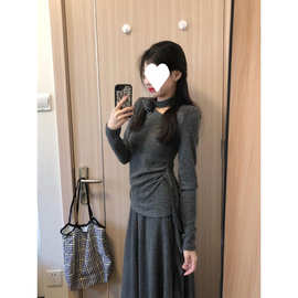 法式灰色连衣裙子套装女高级感针织衫上衣半身长裙子两件套春秋季