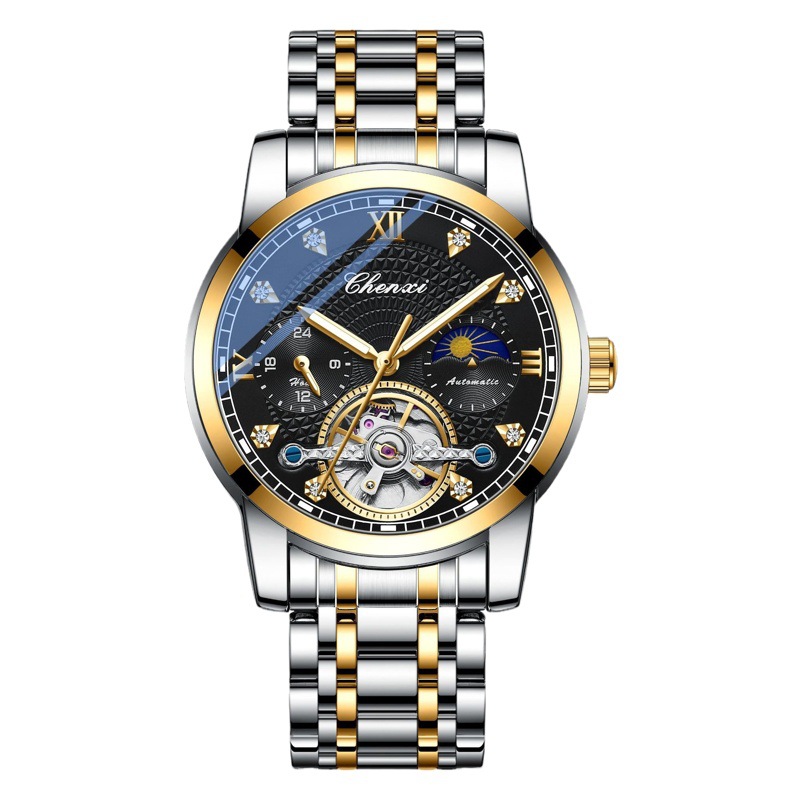 Reloj mecánico de volante hueco para hombre CHENXI Sun Moon star impermeable luminoso reloj mecánico automático