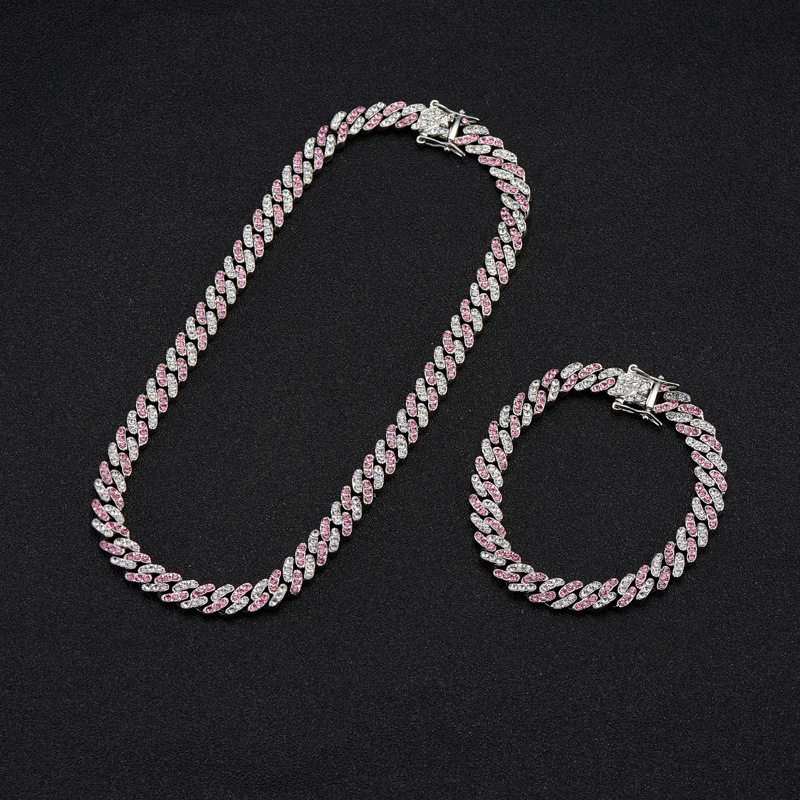 European And American Two-color Watercolor Diamond 9mm Cuban Chain Necklace Wholesale display picture 4