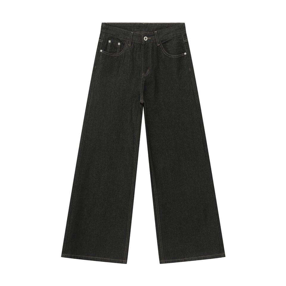 Quần jean nam dáng rộng ống suông phong cách retro, giặt mài, cạp vừa, dài quần — Quần jean đen, Xanh lam cũ, màu đen