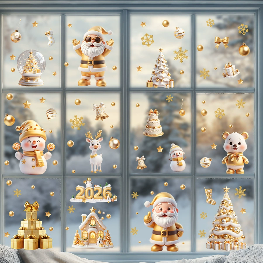 圣诞节金色轻奢静电窗贴铃铛雪花水晶球圣诞老人节日装饰窗贴纸