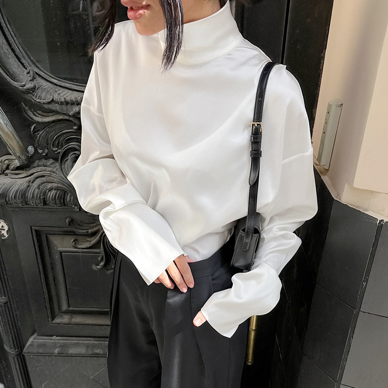 2025 Autumn/Winter French Classic Thin Matte Satin Elegant High-Neck White Commuter Lazy Style Long-Sleeve Women's Shirt