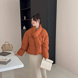 韩版慵懒风围巾款羽绒服女短款2025新款学院风白鸭绒面包服女