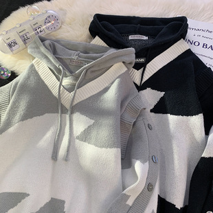 709-MY63-P110 Tile Hooded Casual Fake Two-piece Button Sleeve Design Knitted Sweater for Men