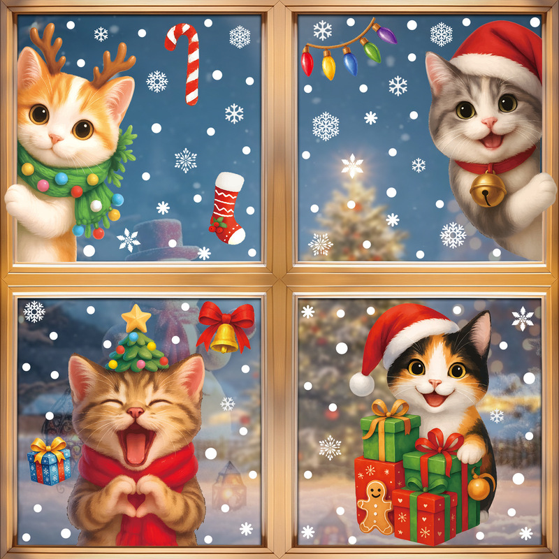Amazon クリスマスステッカークリエイティブ子猫静電ステッカークリスマスパーティー用品スノーフレークベルガラスステッカー|undefined