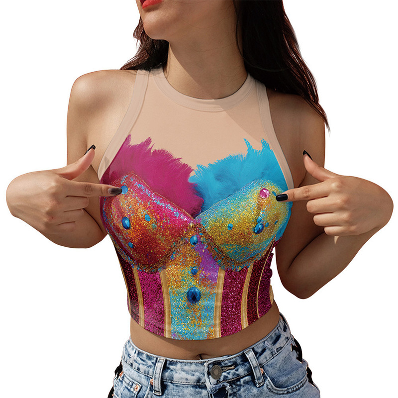 2026 Cross-Border Amazon Bestseller Printed Halter Neck Short Tank Top Women's Carnival Party Performance Sleeveless Camisole