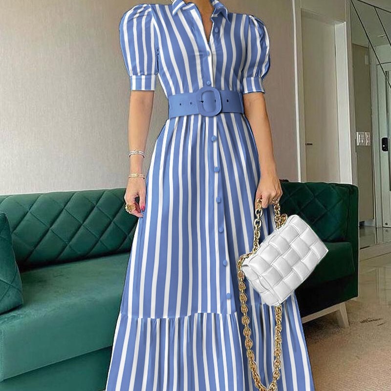 Spot! Cross-border New European and American Elegant Commuter Long Short-sleeved Large-sleeved Dress with Belt Spot! Cross-border New European and American Elegant Commuter Long Short-sleeved Large-sleeved Dress with Belt