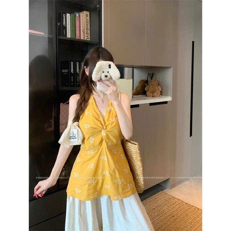 French Retro Floral Purple V Neck Twist Camisole Women's Summer Embroidered Sleeveless Waist Slimming Look Halter Top