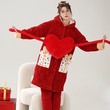 定制2025本命年红色睡衣女冬季夹棉加厚连帽保暖新年家居服套装女